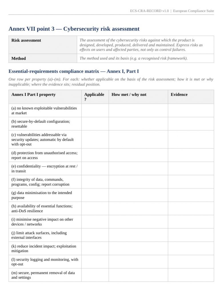 Cyber Resilience Act CRA template pack 
