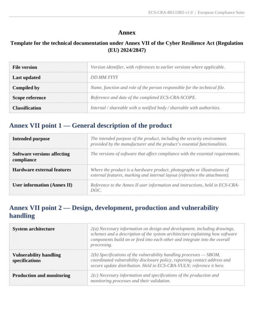 Cyber Resilience Act CRA template pack 