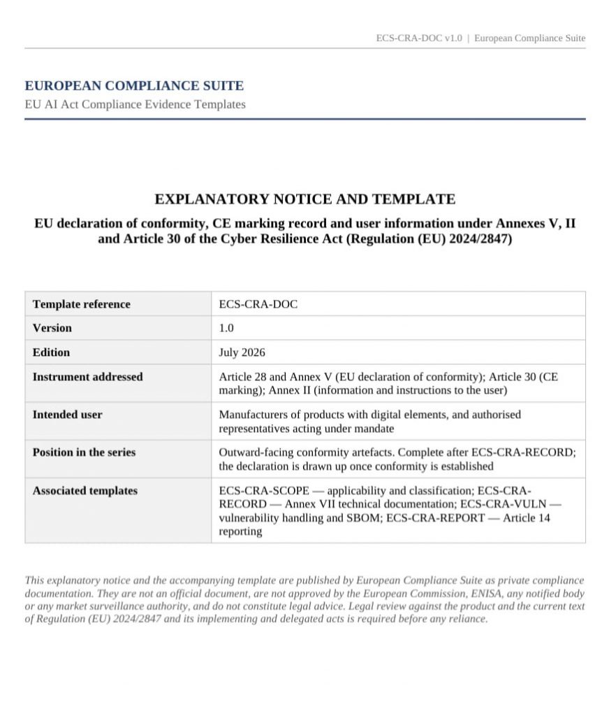 Cyber Resilience Act CRA template pack 