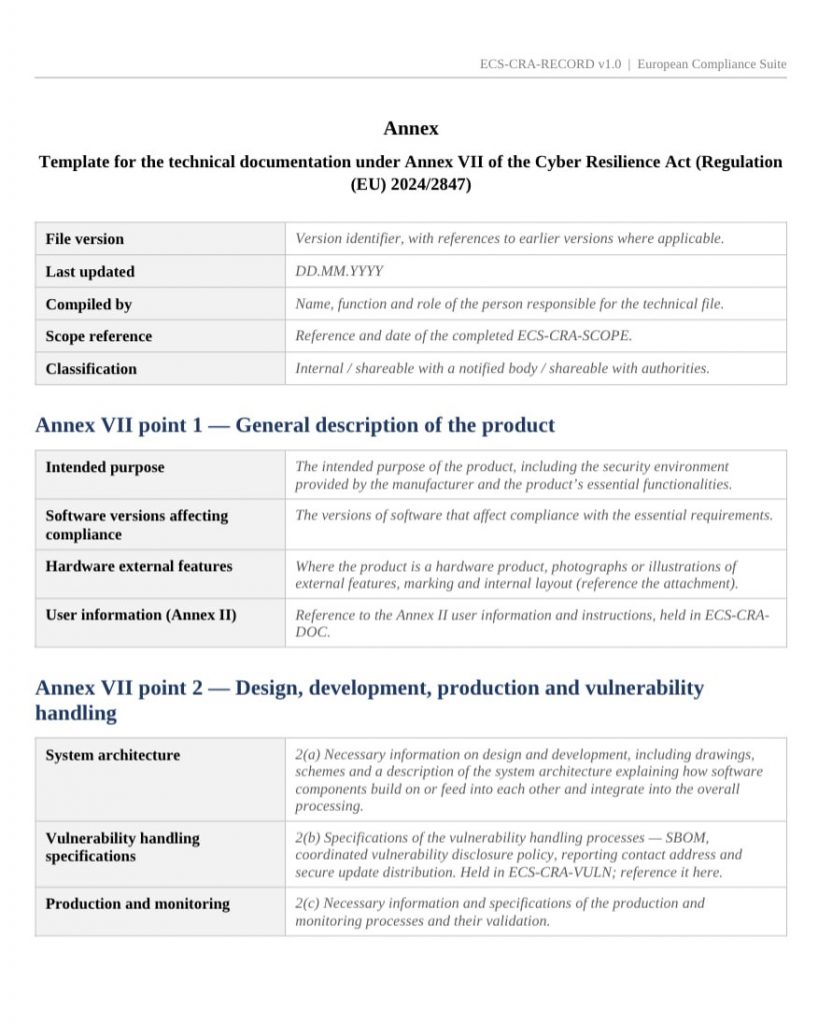 Cyber Resilience Act CRA template pack 